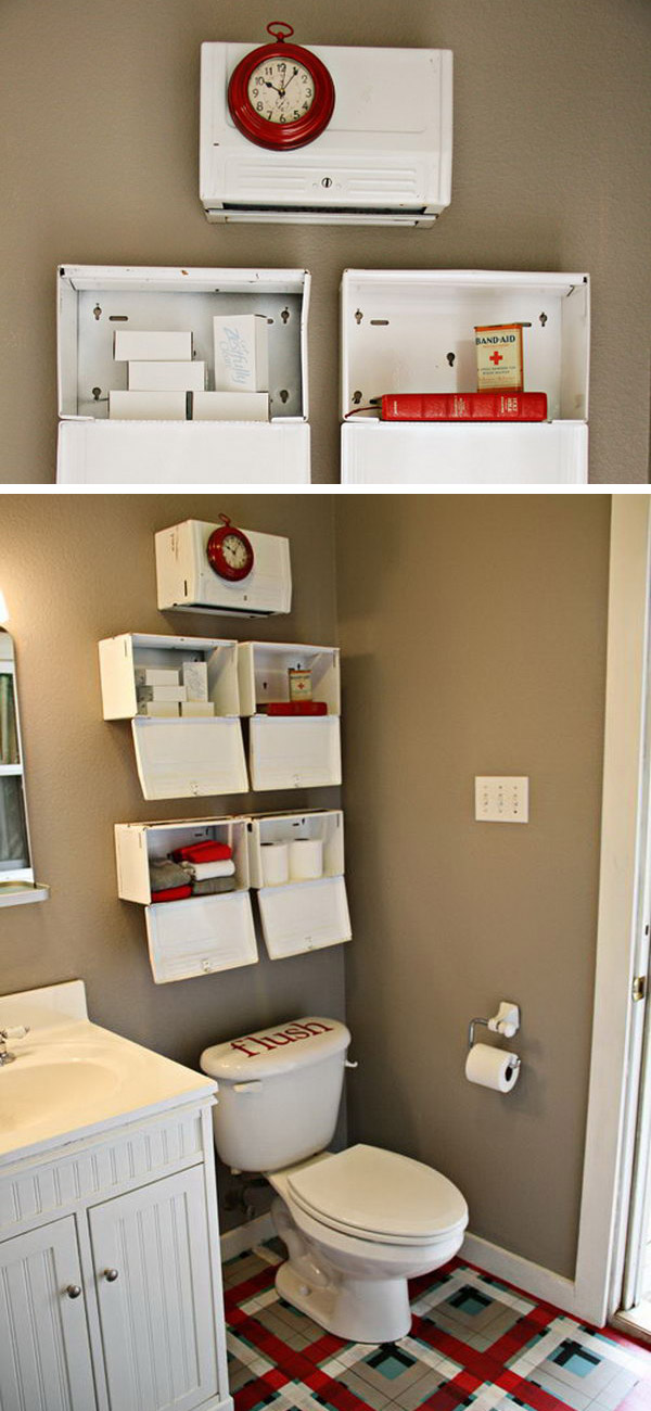 These metal boxes are hung upside down over the toilet to be used as decorative shelves. Add magnets to the back of a clock and stuck it on the metal box. 