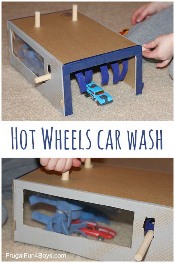 What a perfect rainy day project to turn a shoe box into a car wash for hot wheels.  