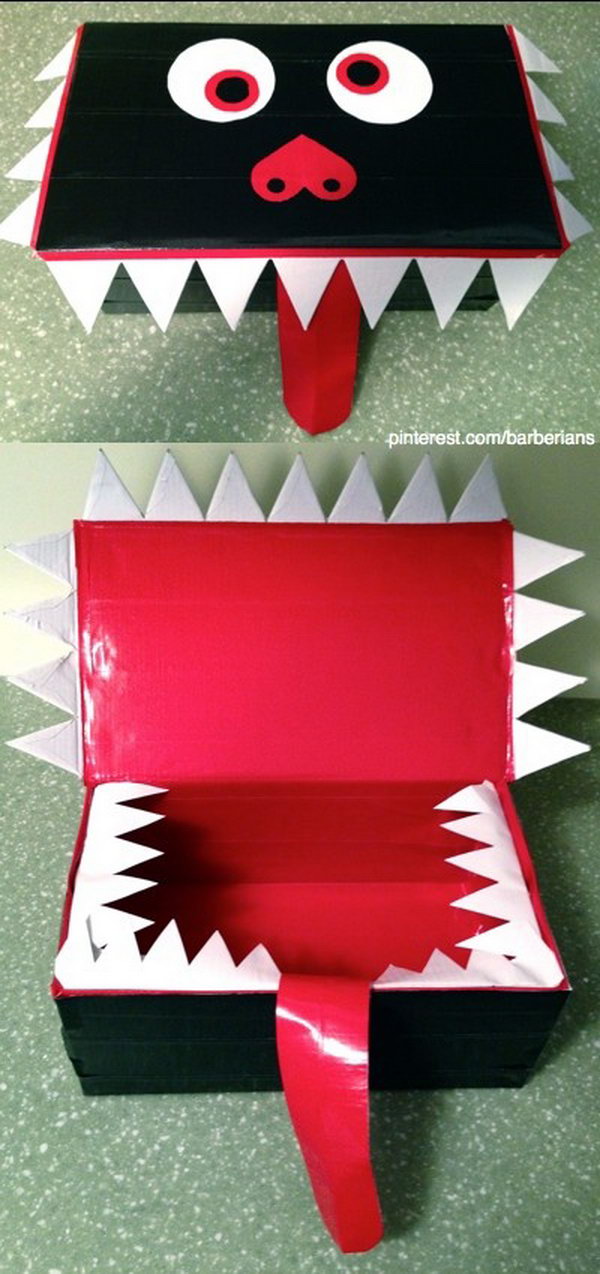 Valentines Day Monster Card Box for Kids. Made with a shoe box and duct tape. 