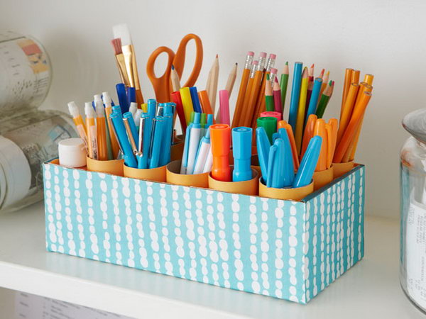 What a cool organization idea to make a DIY shoe box desk caddy for holding writing implements as well as brushes, scissors and other craft supplies.  