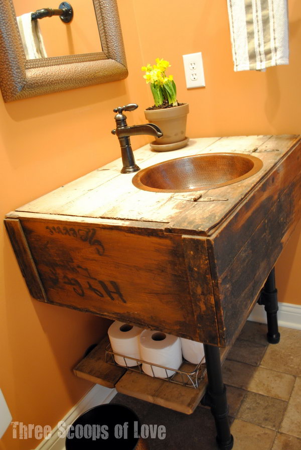 These toilet paper rolls were stored under the vanity, which was made from a salvaged wall cabinet. 