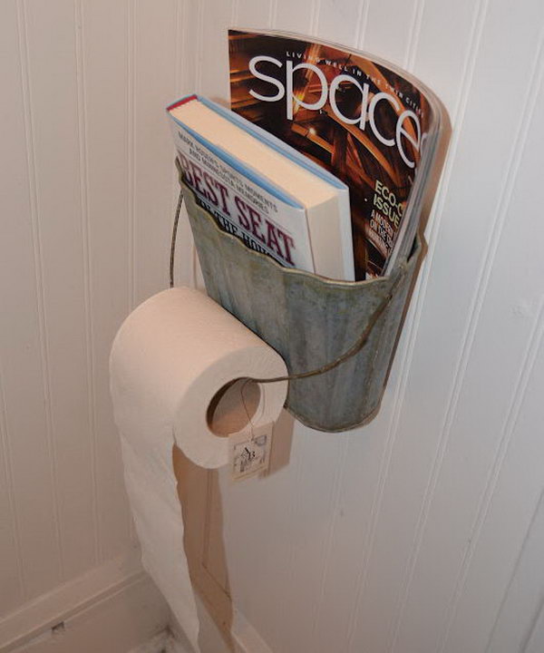 This metal basket was recycled as magazine and toilet paper holder. 