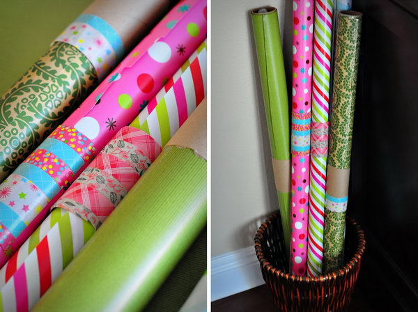 Use a toilet paper roll to wrap around open rolls of wrapping paper and keep them from unrolling everywhere. You can also put some washi tape over the roll to cover up the ugly cardboard. 