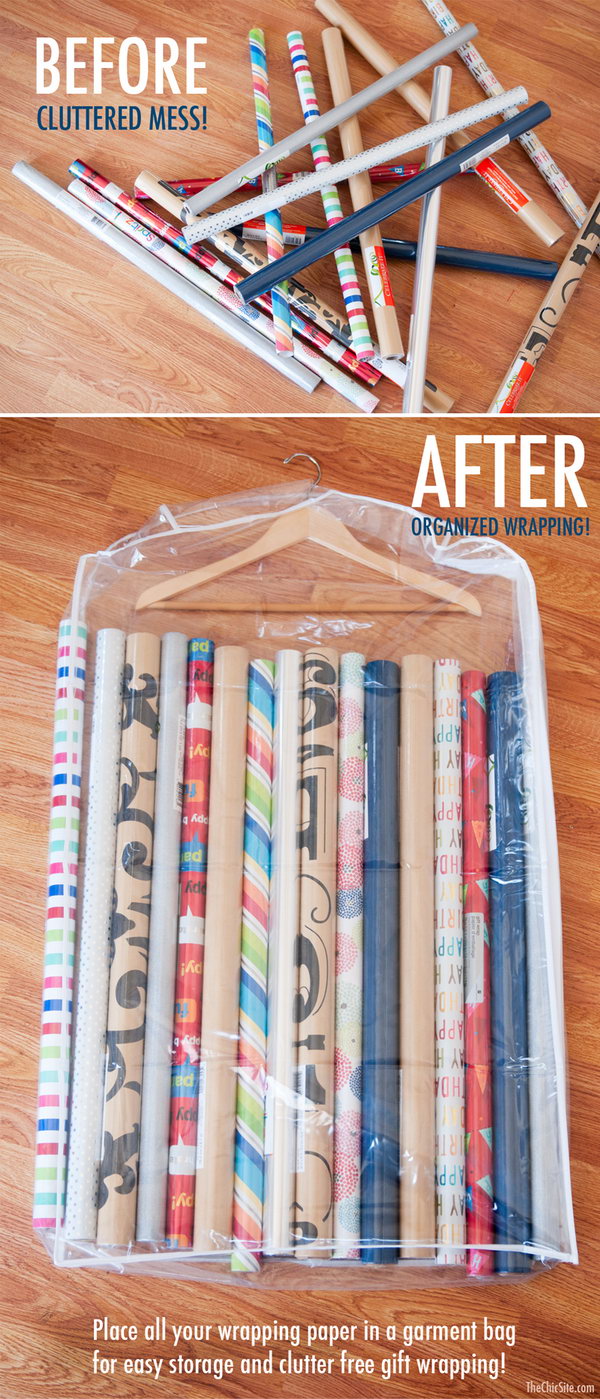 A garment bag will keep your wrapping paper organized. Put them either under the bed or in a closet, and keep the paper rolls from unwinding and tearing. 