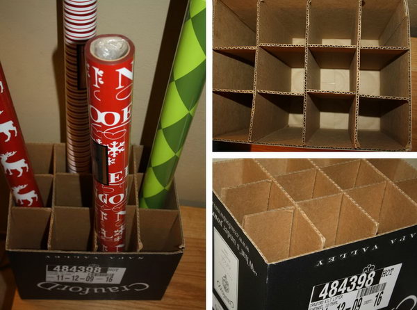 Use a wine box to store wrapping paper rolls and keep them neatly separated. It fits perfectly in any closet or any small space. 