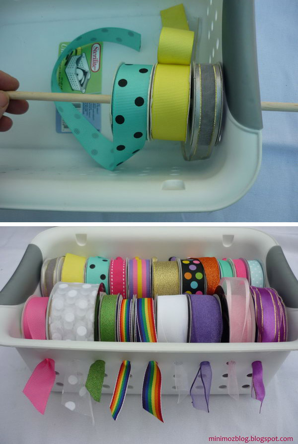 Stick dowel rods through a plastic basket for a handy and functional solution to store wrapping ribbon.  