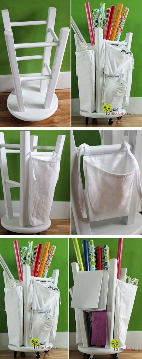 What a great idea to turn an old stool upside down as a wrapping paper organizer. Screw rolling coasters into the top of stool. Tie canvas bags onto the outside legs and fill the inside. 