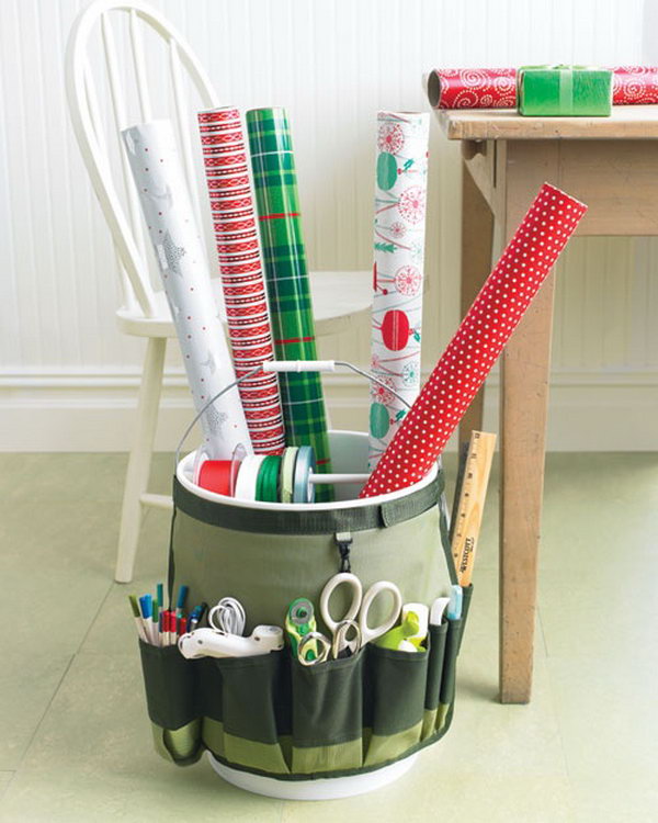 Make a portable gift-wrapping station using a pail and a garden bucket caddy. 
