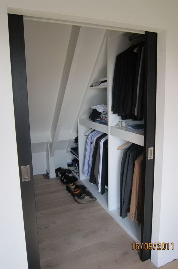 Closet Storage Under Sloping Roof. If you are converting your attic into a living space, include some closet space in your design. Create your attic closet following the layout of the attic space.