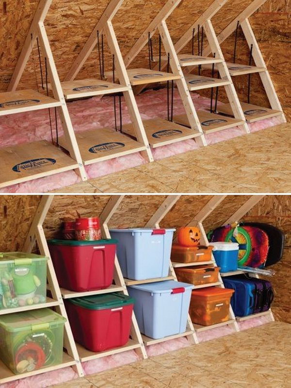 DIY Wooden Attic Shelves. By using the structures in the attic room, turn your attic into a reliable storage space.