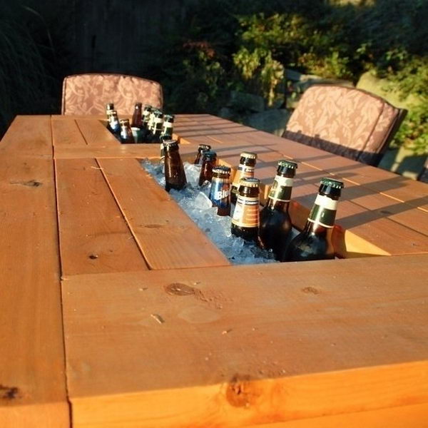 Diy Patio Table with Built in Beer Coolers. Interesting things to do out there in your backyard. So simple and cheap to make, and you could play them with your kids or family anytime.