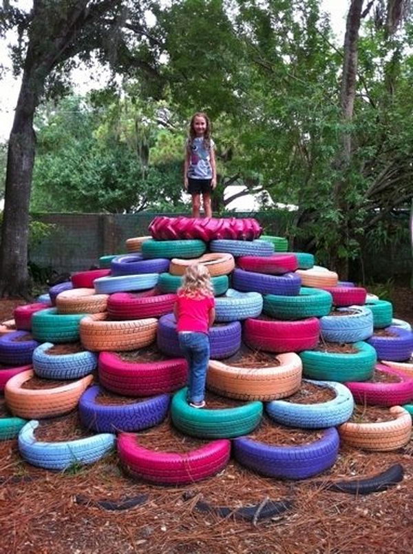 Upcycle Tires to Make a Jungle Gym. Interesting things to do out there in your backyard. So simple and cheap to make, and you could play them with your kids or family anytime.