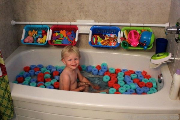 Pool Noodle Bath Fun. Let your kids have a blast in a bathtub filled with cut-up pool noodles. Creative and inexpensive idea in summer. 