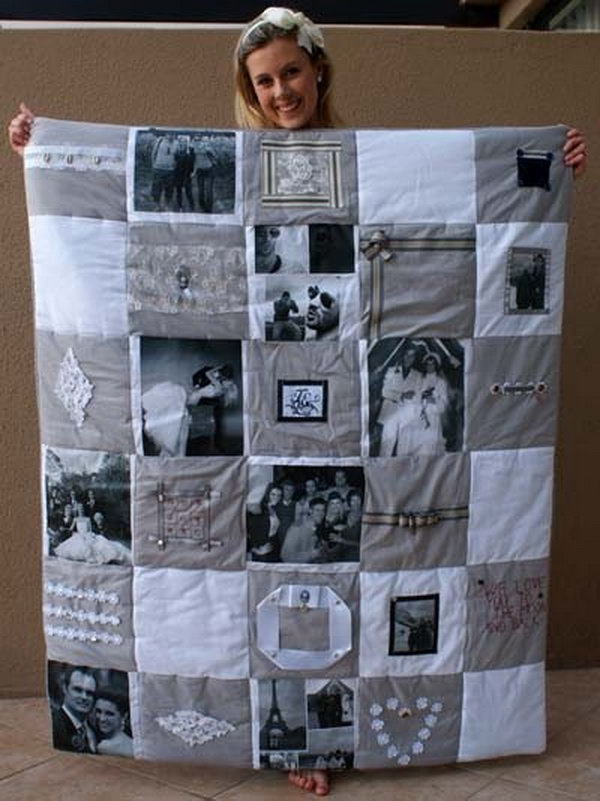 Photo Memory Quilt. It is a wonderful idea to make a photo memory quilt to give your best friend as a Christmas present or a Thanksgiving gift. Making one quilt like this requires some patience and skills. 