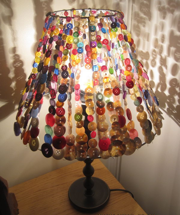 Button Lampshade. Creative way to embellish your lampshade with colorful buttons. Cute idea for a girl's room or craft room. 