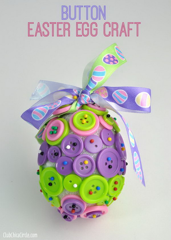 Button Easter Egg Ornament Craft. Buttons + Styrofoam egg + Headpins + Ribbon = Beautiful Easter Egg Ornament. You can hang it from a window or drawer knob for decoration or give it as a gift. Perfect for a rainy afternoon craft. 