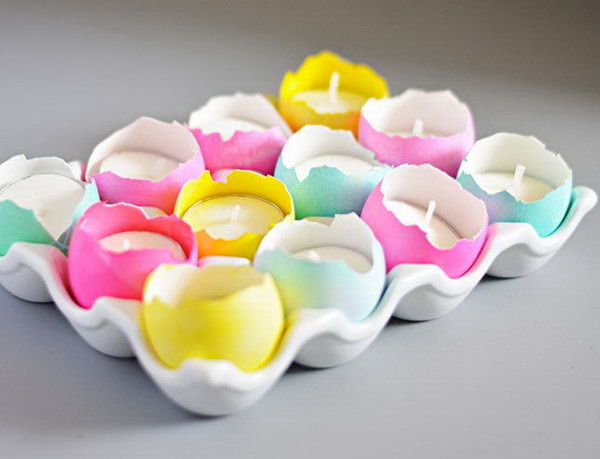 Eggshell Tealight Candle Centerpiece. When you are cooking breakfast, carefully remove the egg yolk, egg white and save your eggshells for this fun craft. These colorful eggshells and tea-light candles make for a cute Easter centerpiece. 
