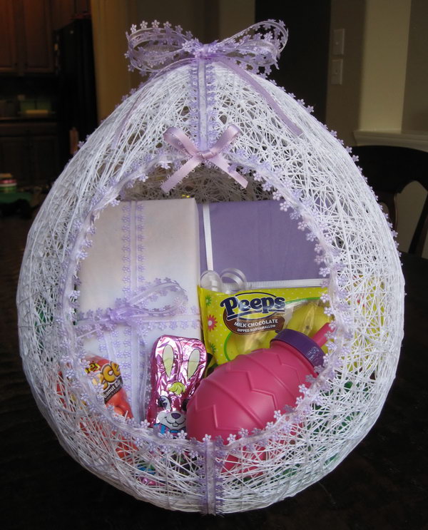 Egg Shaped Easter Basket Made from String. Create this fun and colorful Easter baskets with your kids to hold their gifts and collect their treasures during Easter egg hunts. 