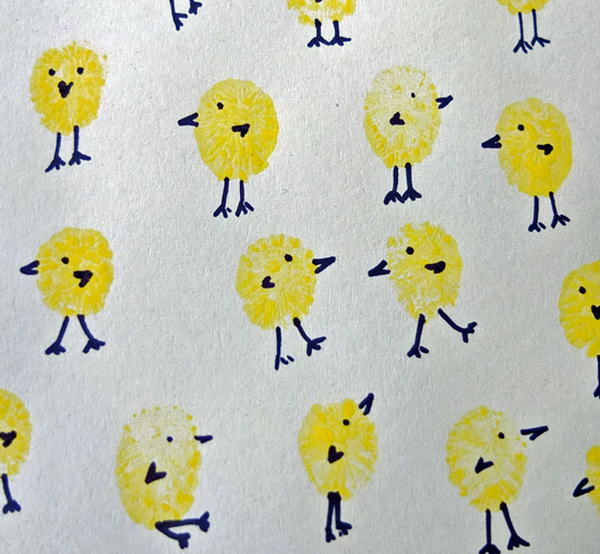 Chicks Fingerprint Art. Kids would have a bast making crafts and celebrating with their fingers. Use them on cards. You can also do these on a plate or mug as an Easter basket gift. 