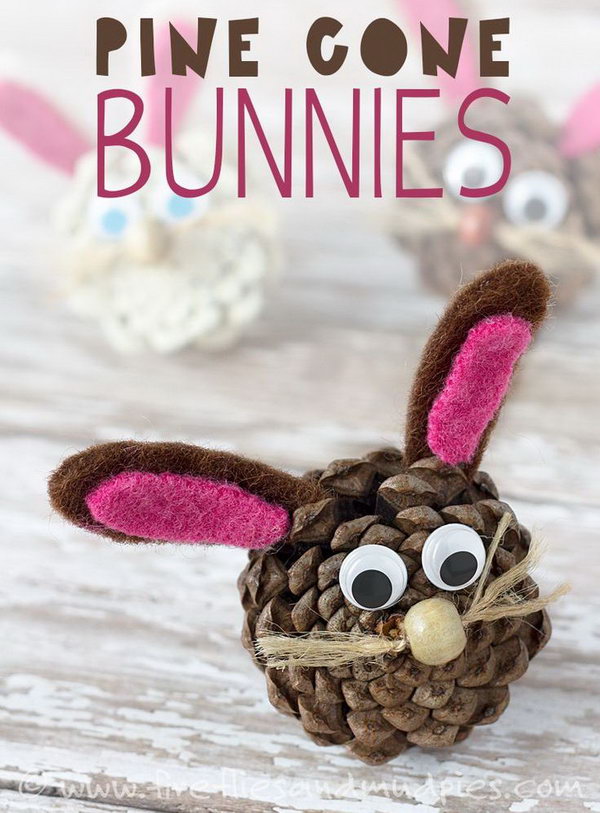 Pine Cone Easter Bunnies. Pine cones have an amazing texture, are free, and can be adapted for Easter crafts. It would be a cute idea to incorporate it into an kids' imaginative play or hang it on the Easter Egg Tree. 