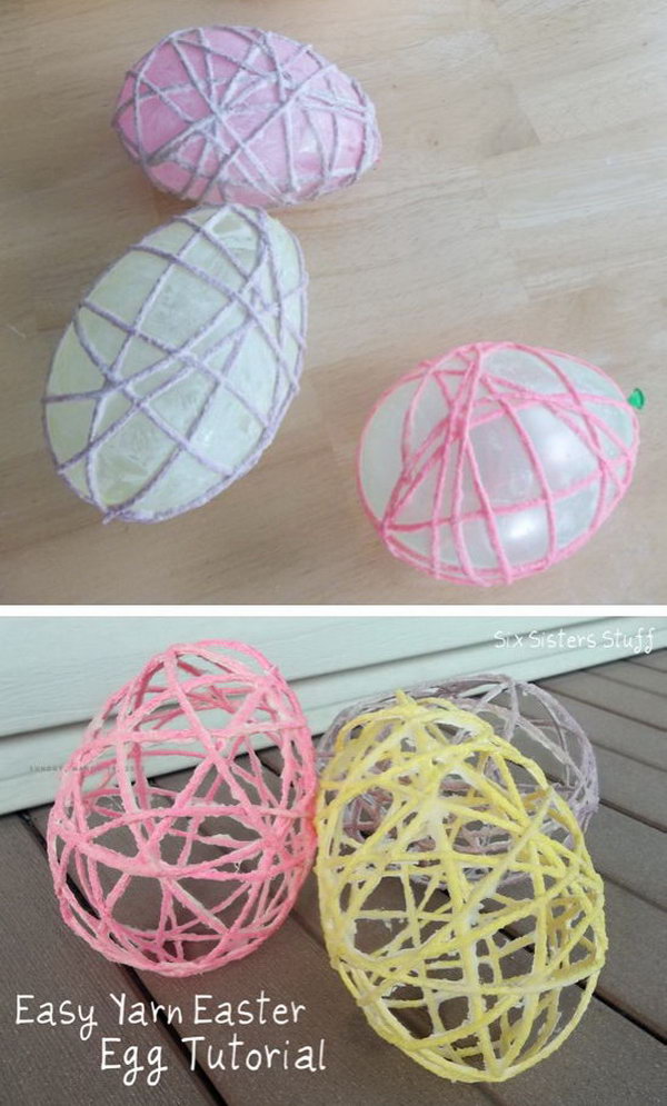 Easy Yarn Easter Egg. It is a creative Easter craft made with Mod Podge, balloon and yarn. What a cute Easter garland this would make. 