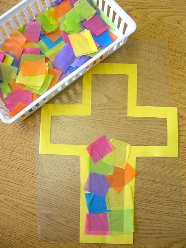Stained Glass Easter Cross Craft. Use construction paper, colorful tissue paper, file folders and sticky contact paper to create an Easter cross for kids. Teach them the true meaning of Easter. 