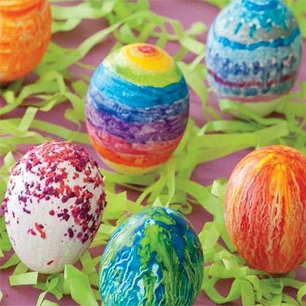 Melted Crayon Easter Eggs. Shave your half-used crayons into tiny parts and sprinkle on hot-boiled eggs. You are definitely creating the impressionist painting of your original ideas.