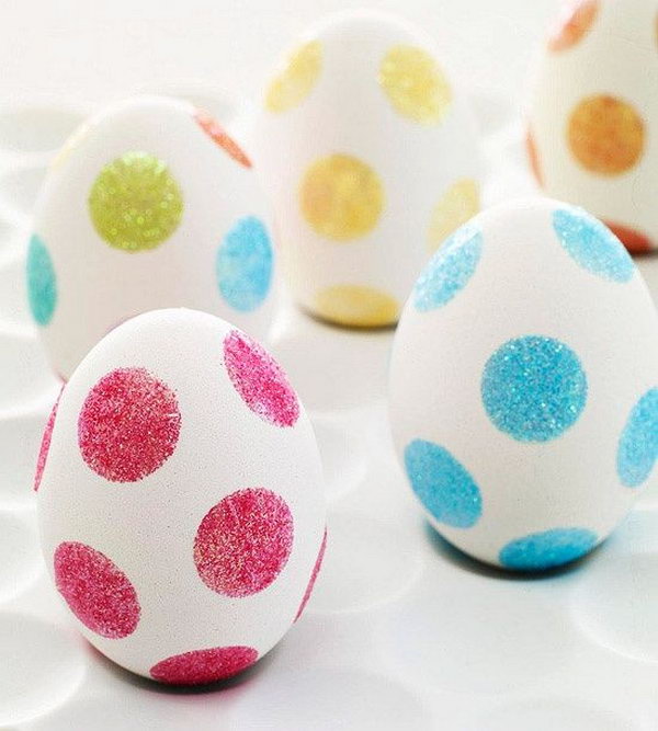 Polka Dot Easter Eggs. Want to keep a simple style for your Easter Egg? Just decorate some glittering polka dots on these stylish crafts.