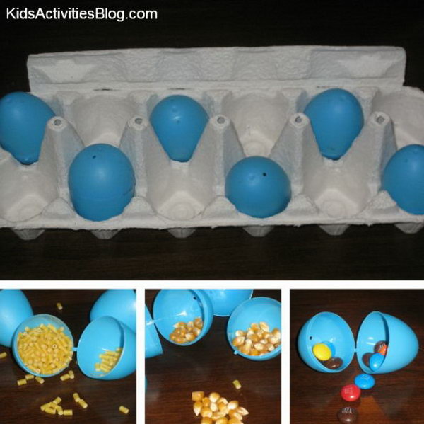 What’s Inside. Fill the eggs with different things like popcorn kernels and candy. Have the kids try to guess what is inside.