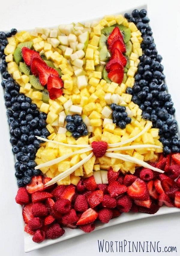 Bunny Head Fruit Platter. Feeling bogged down with chocolate bunnies and candy coated eggs? A giant bunny head fruit platter is sure to bring a few smiles to your Easter party table.