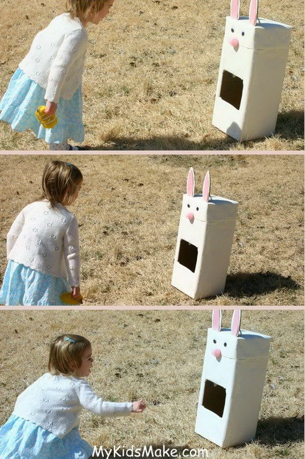 Bunny Bean Bag Toss Game. Create cardboard box bunny with big pink pom pom nose, googly eyes and large paper ears. The bean bags are also made like Easter eggs. It's a great idea for an activity in your Easter party.