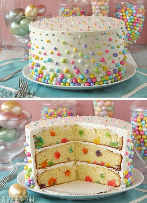 Easter Polka Dot Cake. Decorate both the outside and inside of the cake with a fun dot pattern. It’s a perfect way to end a special Easter dinner, or you can use this technique to make any special occasion cake. 