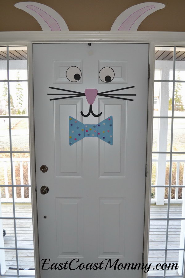 Easter Bunny Door. What better way to welcome people with a door decorated like a bunny? It's easy and inexpensive to do and will please your guest for sure. 