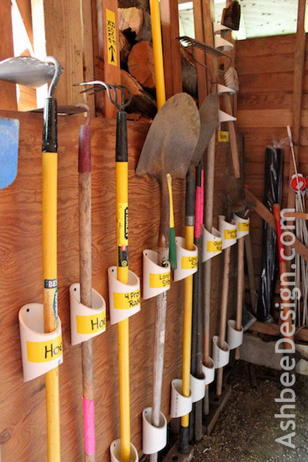 PVC Pipe Garden Tool Organizers. Use PVC pipes to keep your lawn and gardening tools out of the way yet still easy to access. 