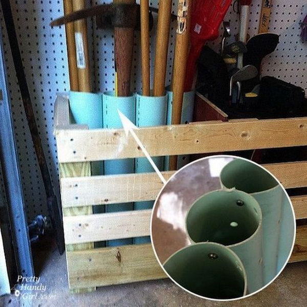 Upright Tool Storage with PVC Pipes. Connect large pieces of PVC pipe with screws and use it to store all of those bulky yard tools. 