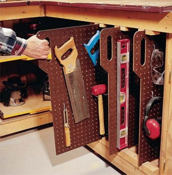 Peg Board Slides. Use peg board slides to store your tools vertically under the counter. Those small holes allow you to select specific areas for each hook or basket and ensure you have enough room for each item. 