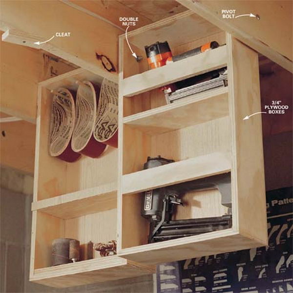Garage Ceiling Drawers. Make best of hanging storage between the ceiling joists. Swing down the drawers to be available while working, and out of the way when done working. 
