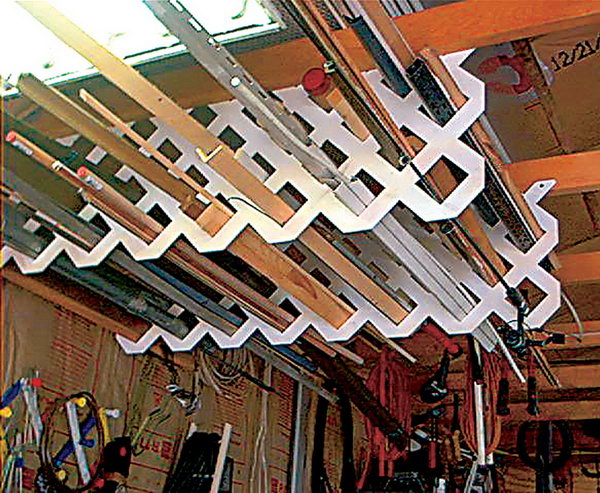 Garage Ceiling Lattice. Hangs scrap sections of plastic lattice to store everything from lengths of molding to fishing poles. Because of the open design of the lattice, you can quickly see the items stored overhead and has easy access to them. 