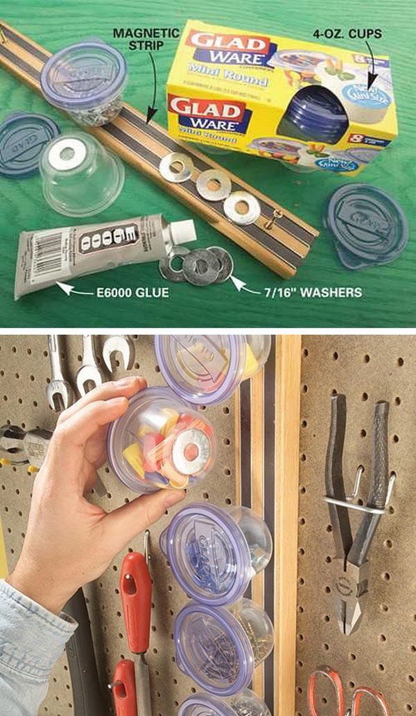 Magnetic Mini Storage on Wall. Create a wall organizer with cups, some glue and some magnetic strips. Keep all the little screws, earplugs, nuts and washers organized. 