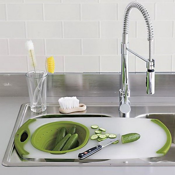 Over-the-Sink Cutting Board. A cool kitchen gadget for a small kitchen that doesn’t have a lot of counter space. It helps you create a space where you actually enjoy cooking. 