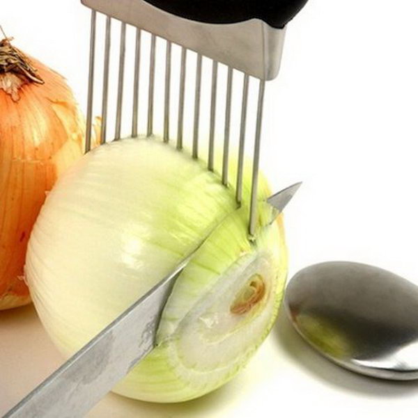 Onion Holder. Now you don't have to worry about cutting your fingers off. With this kitchen gadget you'll be able to create straight and even slices from one end of the onion to the other. 