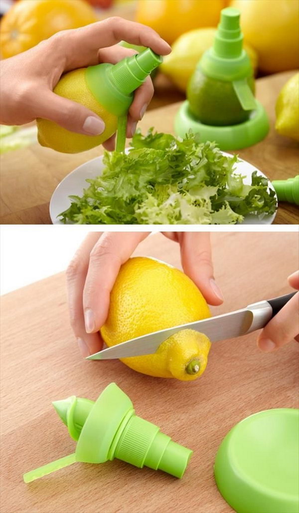 Citrus Sprayer. No longer cut and squeeze to get the juice out like a common cook. Attach this sprayer onto any lemon or lime, and you will have citrus juice at your fingertips. 