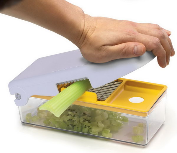 Fruit and Vegetable Chopper. This handed food chopper allows you easily mince, dice, slice and cut in just seconds. Simply place the item on top of the stainless steel blade grate and with one swift motion, swing the top lid down. The food is cut into included measuring container. 