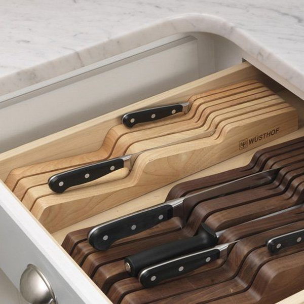 In-Drawer Knife Organizer. Put knife blocks in a drawer to keep knives from rattling around. This storage tray fits perfectly in a drawer and is a amazing kitchen space saver. 