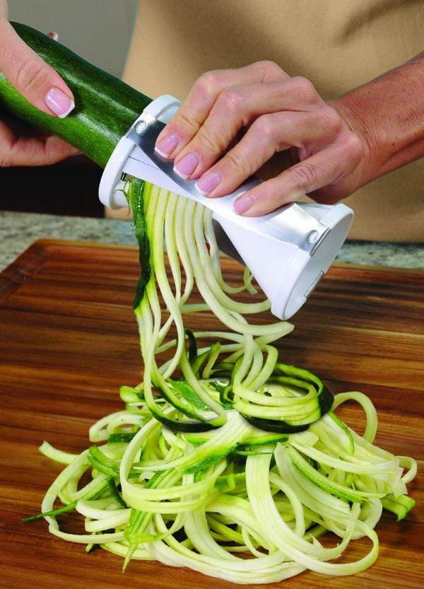Spiral Vegetable Slicer. This cool kitchen gadget will slice your standard vegetable into noodle-like spaghetti shapes and help you to create healthy low carb meals or stunning salads.  