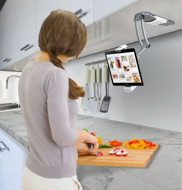 Kitchen Mount Stand for iPad. This tablet stand mounts to the underside of a kitchen cabinet, and is perfect when you need recipes. 