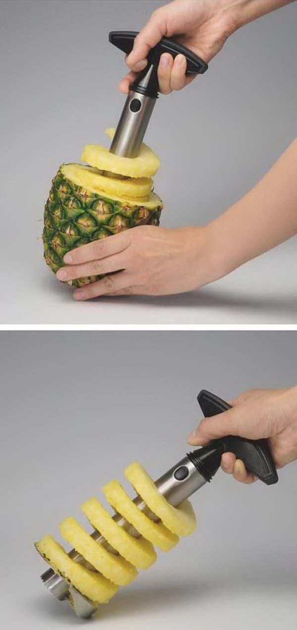 Easy Pineapple Slicer. A creative kitchen gadget which helps you peel, core, and slice a pineapple in just a matter of seconds. Push slicer in over core, twist down to bottom and pull out. 