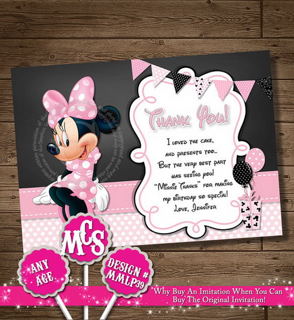It’s time to say goodbye to all your guests, try expressing your thanks with these Minnie muse personalized thank you card. They will be happy to see this it with adorable Mickey mouse head.