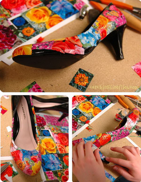 Mod Podge Shoes Project. Recover old shoes with mod podge and pictures. A fun way to customize wedding shoes. 