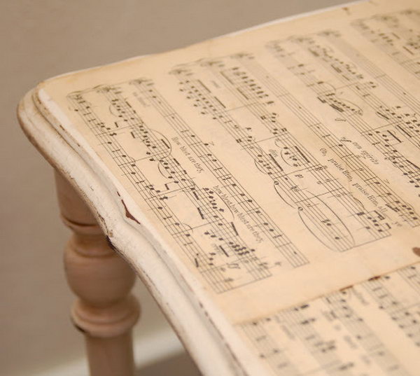 Mod Podge Side Table. Use Mod Podge to decoupage the sheet music to the table top and bottom shelf. It would be cute for a music room. 